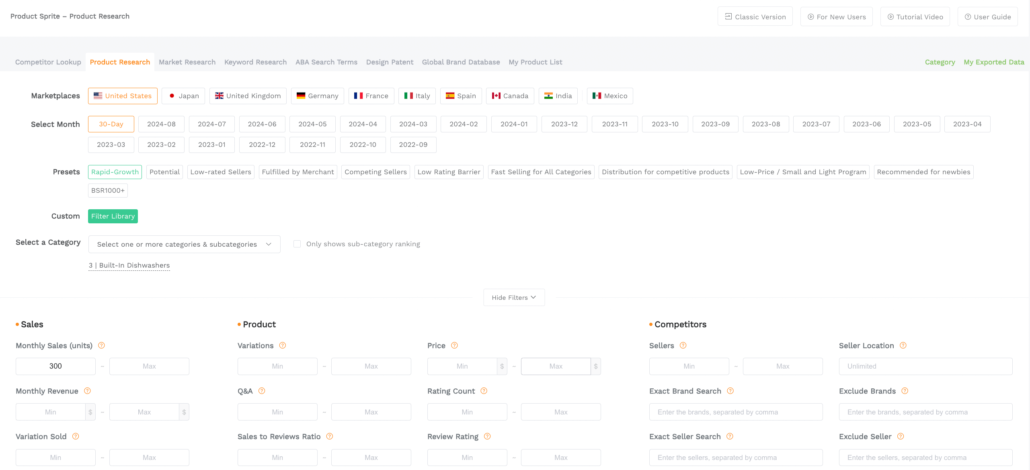 SellerSprite Product Research Categories